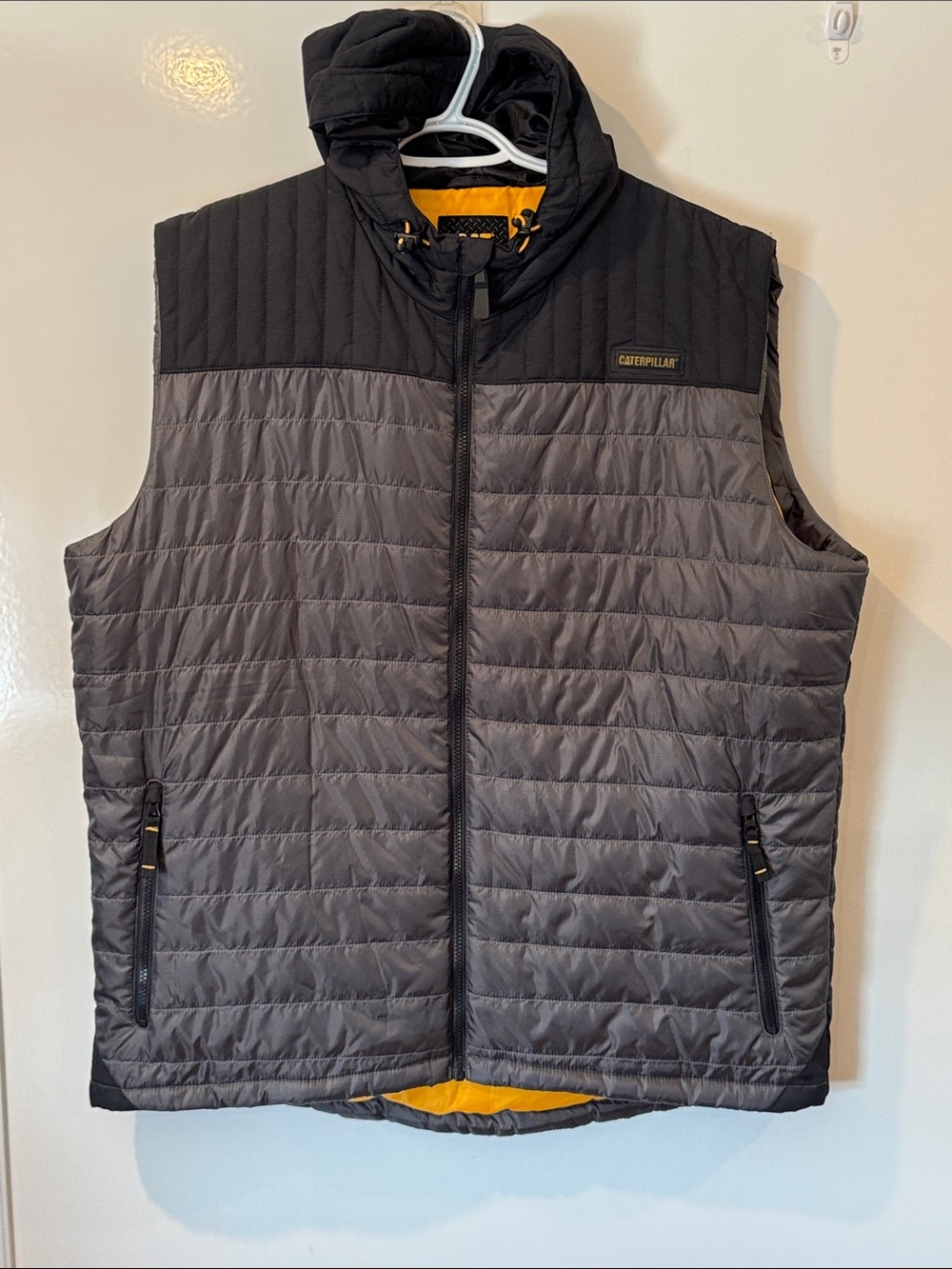 Caterpillar Gray and Black Quilted Vest with Yellow Lining
